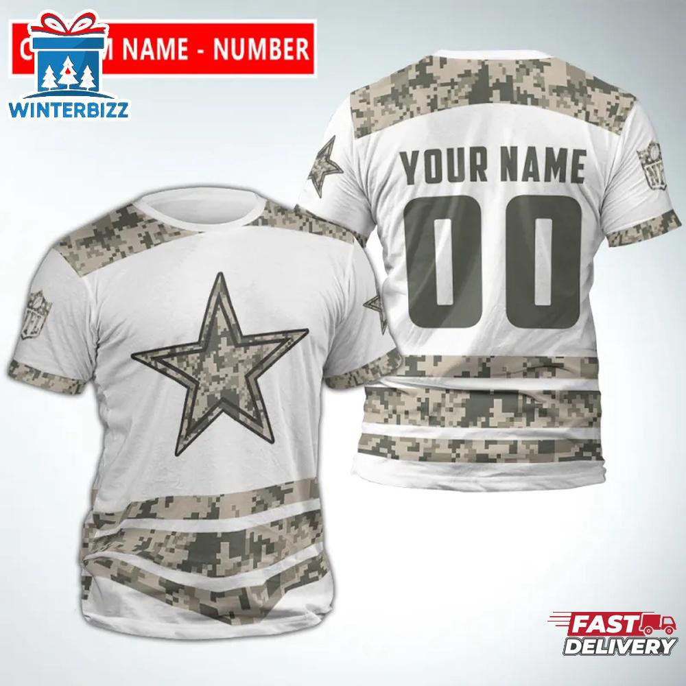 Dallas Cowboys Sport Custom Name & Number All Over Printed T-Shirt - Camo/White