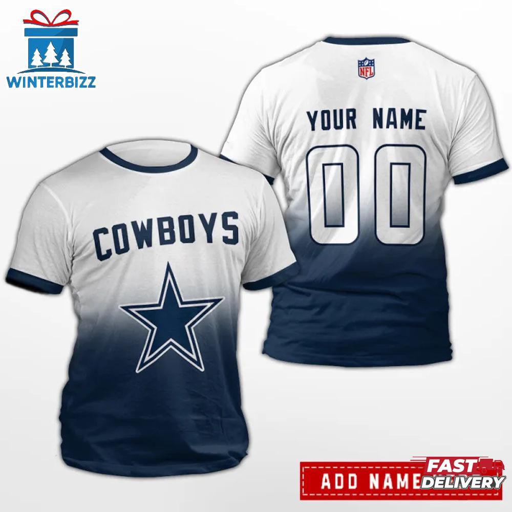 Dallas Cowboys Custom Name & Number All Over Printed T-Shirt - White/Blue