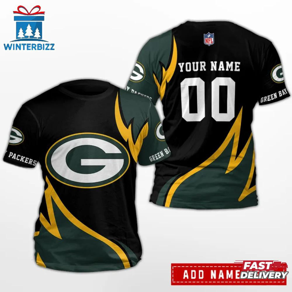 Green Bay Packers Team Sport Flame Style Custom Name & Number All Over Printed T-Shirt - Black/Green