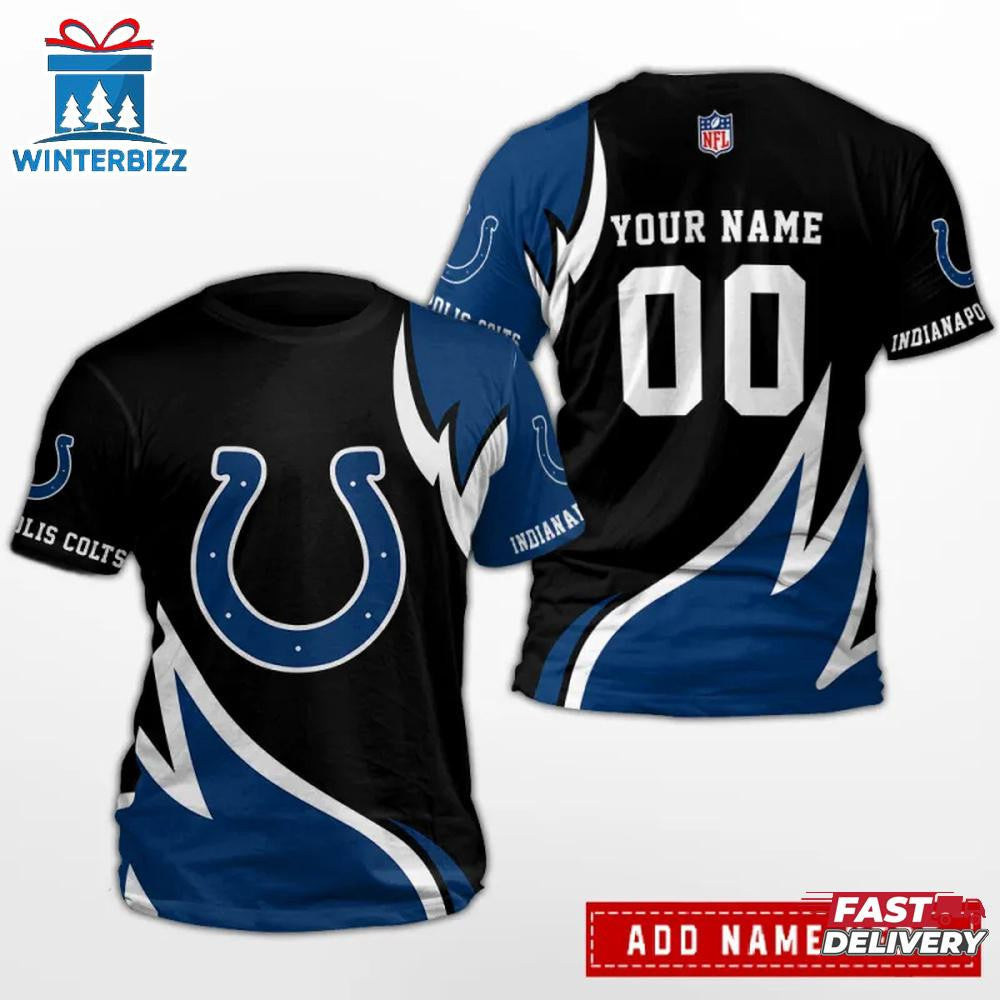 Indianapolis Colts Team Sport Flame Style Custom Name & Number All Over Printed T-Shirt - Black/Blue