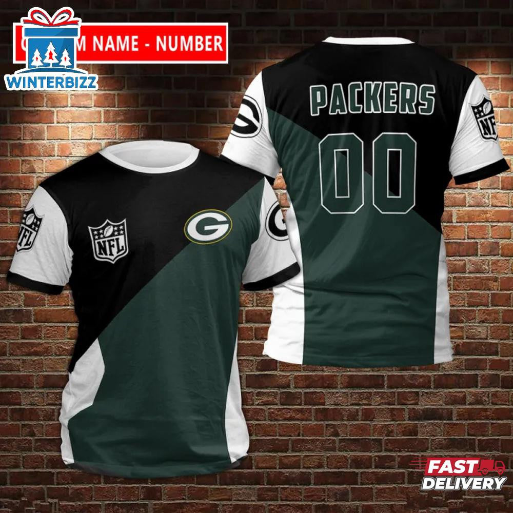 Green Bay Packers Sport Custom Name & Number All Over Printed T-Shirt - Black/Green/White