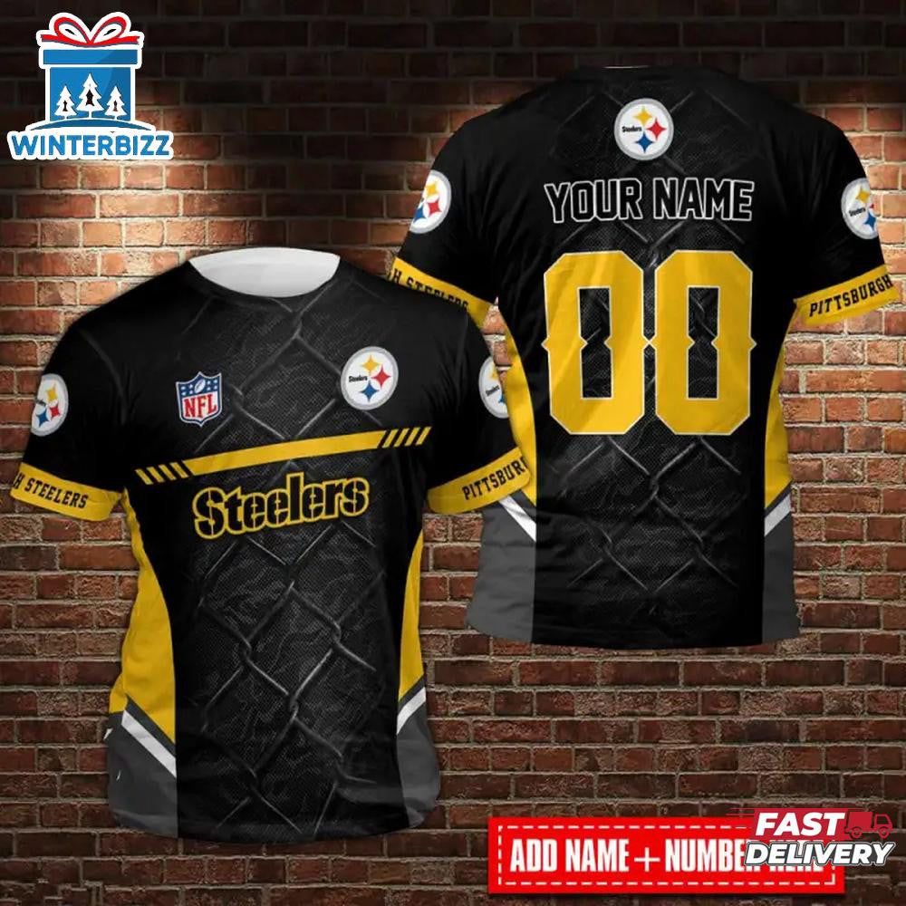 Pittsburgh Steelers Custom Name & Number All Over Printed T-Shirt - Black