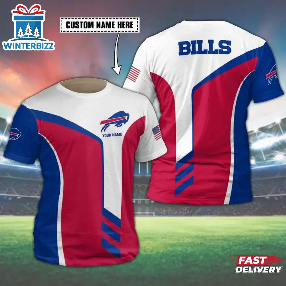 Buffalo Bills Sport Custom Name All Over Printed T-Shirt - White/Red/Blue