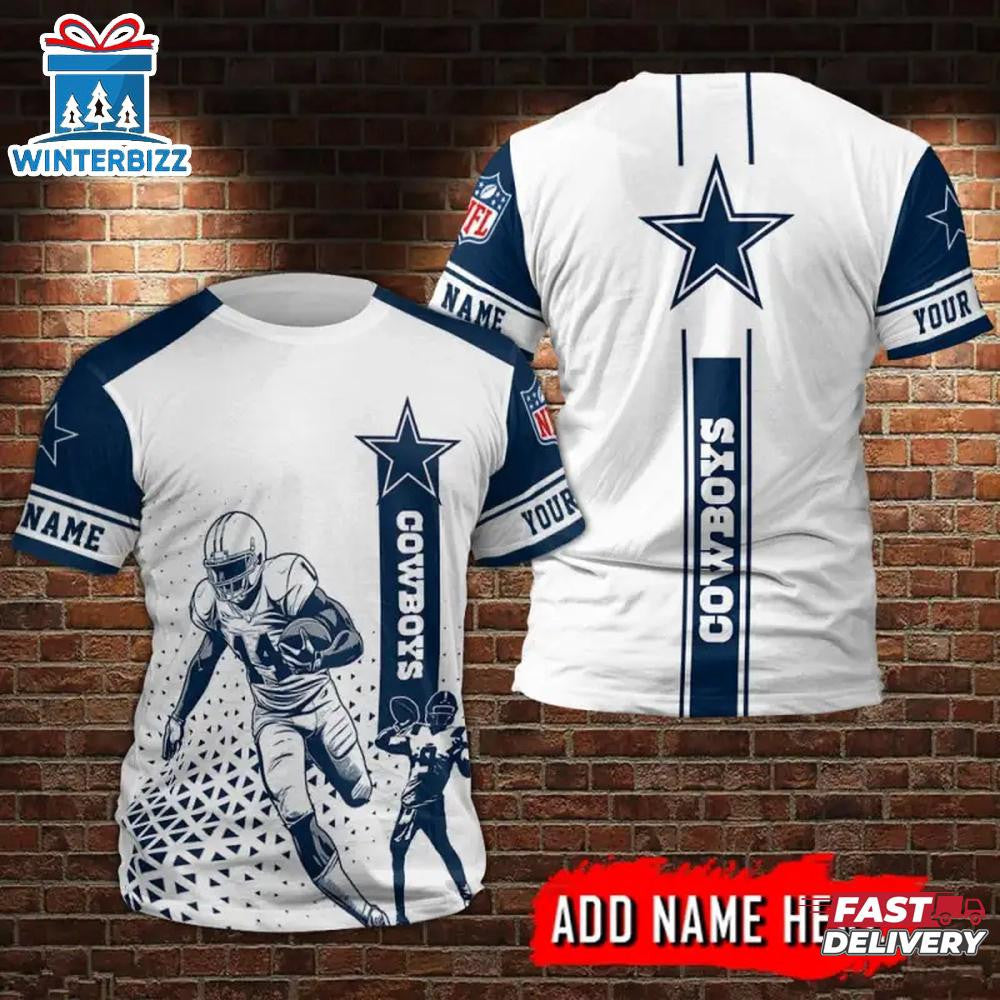 Dallas Cowboys Player Sport Custom Name All Over Printed T-Shirt - White/Navy