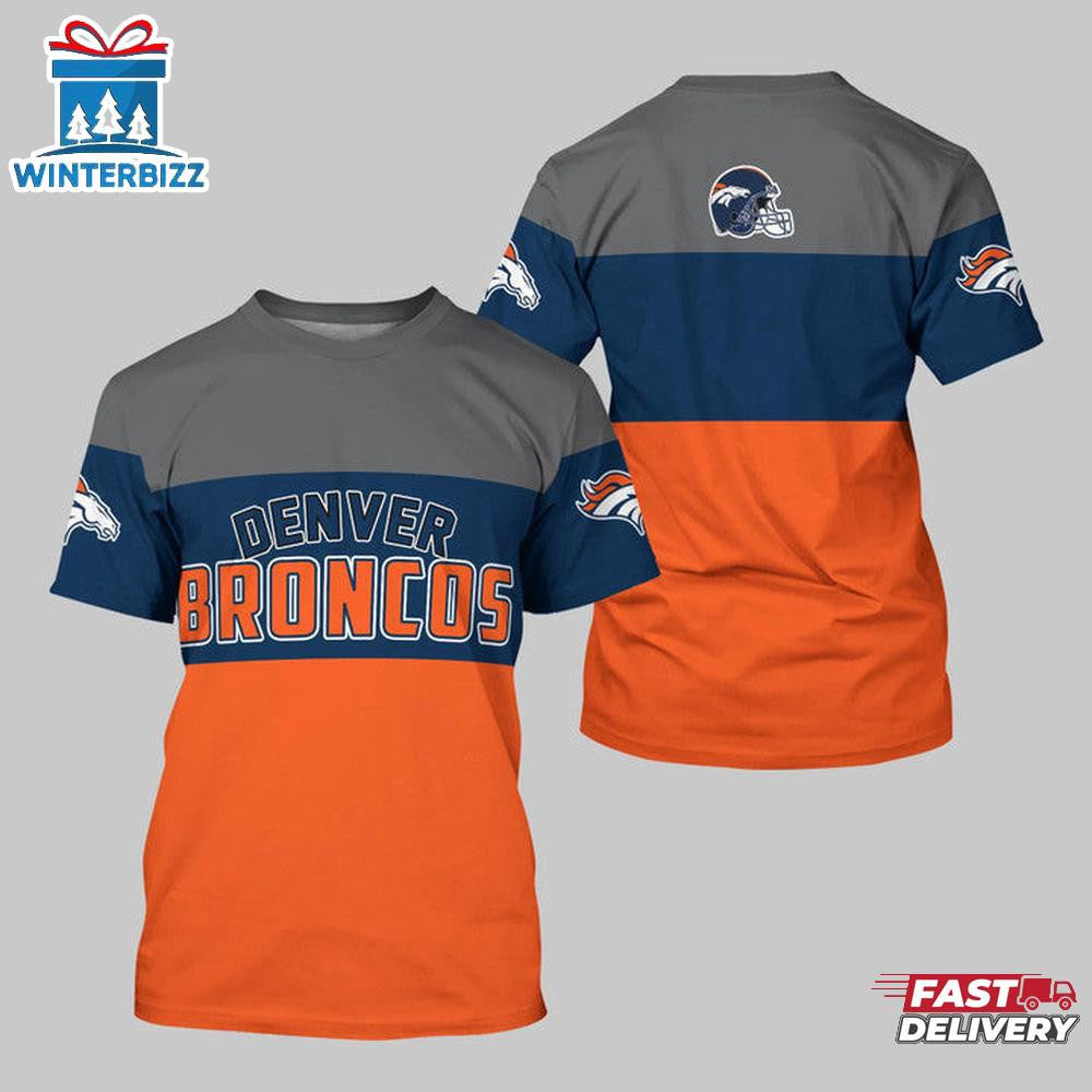 Denver Broncos Logo Team All Over Printed T-Shirt - Gray/Navy/Orange