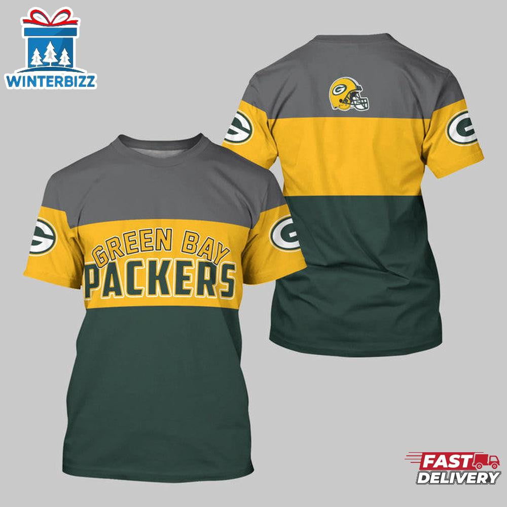 Green Bay Packers Logo Team All Over Printed T-Shirt - Gray/Gold/Green