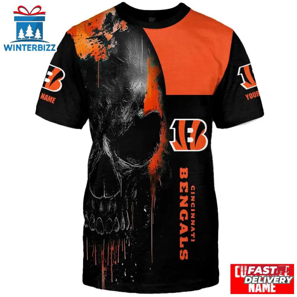 Cincinnati Bengals Skull Face Custom Name All Over Printed T-Shirt - Black