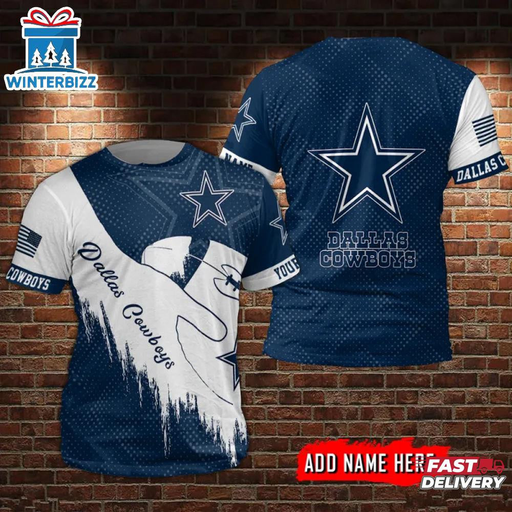 Dallas Cowboys Hold The Ball Custom Name All Over Printed T-Shirt - White/Navy