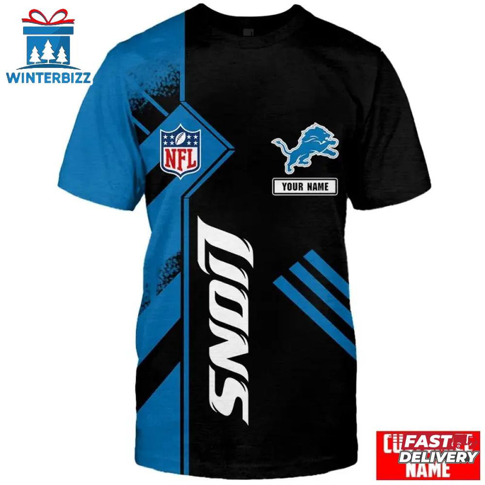 Detroit Lions Geographic Custom Name All Over Printed T-Shirt - Black/Blue