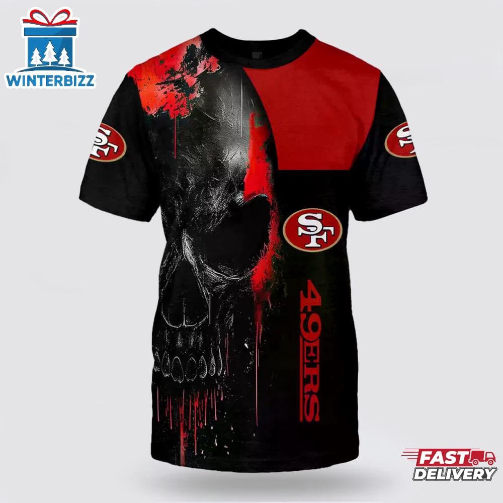 San Francisco 49ers Skull All Over Printed T-Shirt - Black/Red