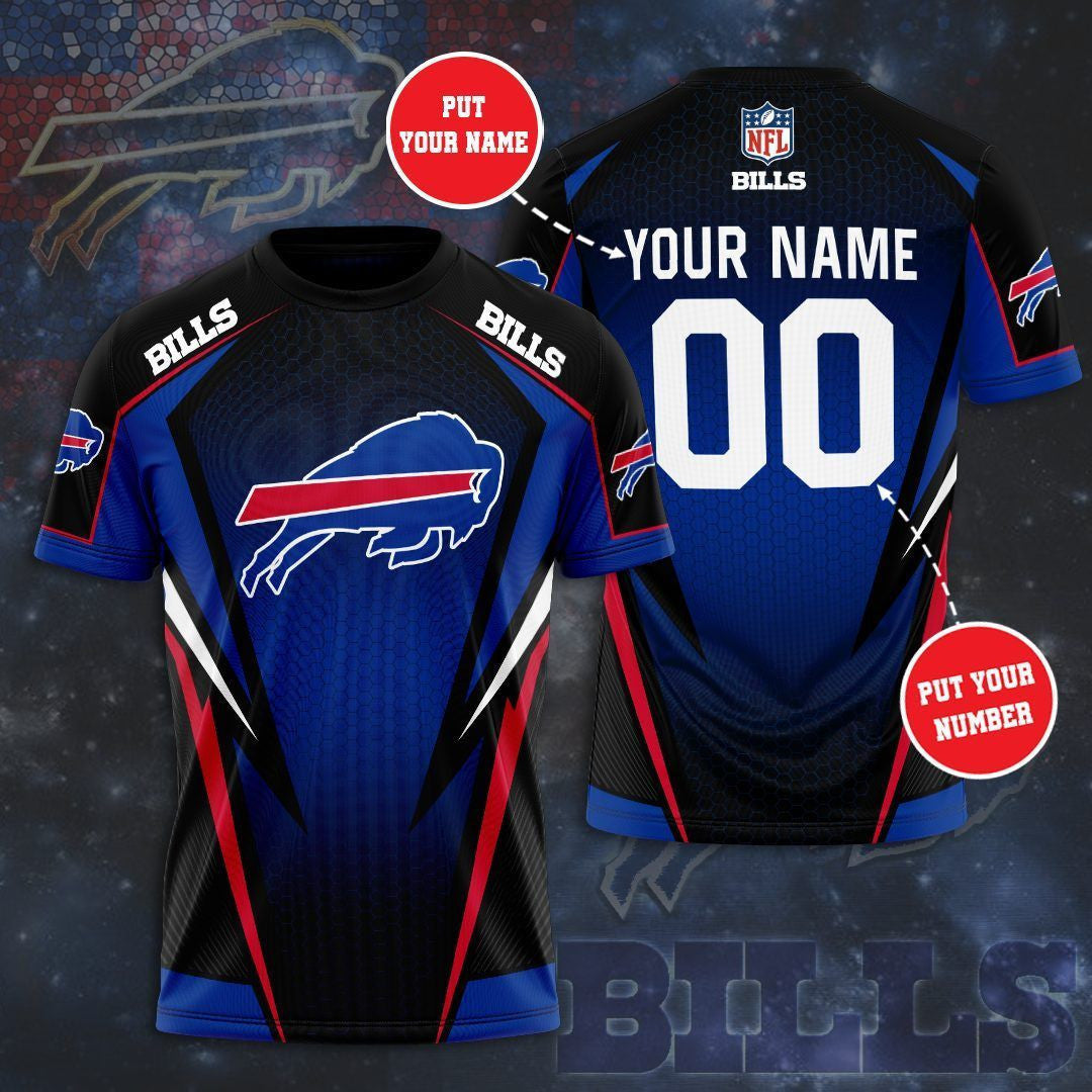 Buffalo Bills Triangle Custom Name & Number All Over Printed T-Shirt - Black