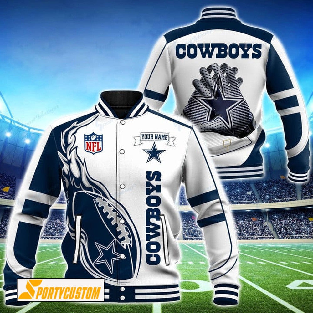 Dallas Cowboys Fireball Custom Name Baseball Jacket Varsity Jacket - White - All-Over-Printed Jacket