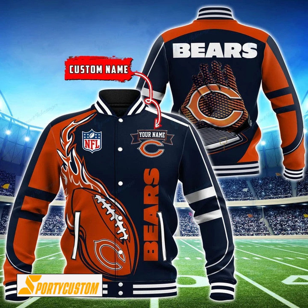 Chicago Bears Fireball Custom Name Baseball Jacket Varsity Jacket - Navy - All-Over-Printed Jacket