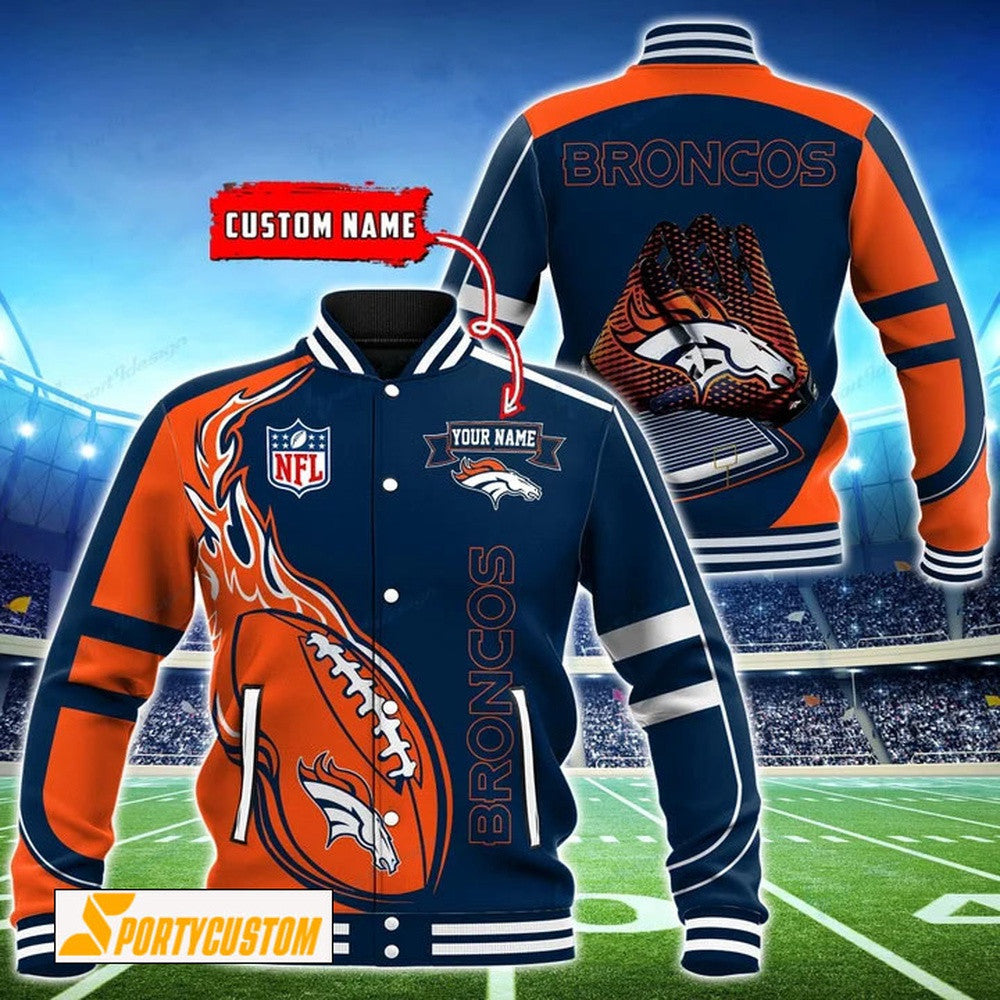 Denver Broncos Fireball Custom Name Baseball Jacket Varsity Jacket - Navy - All-Over-Printed Jacket