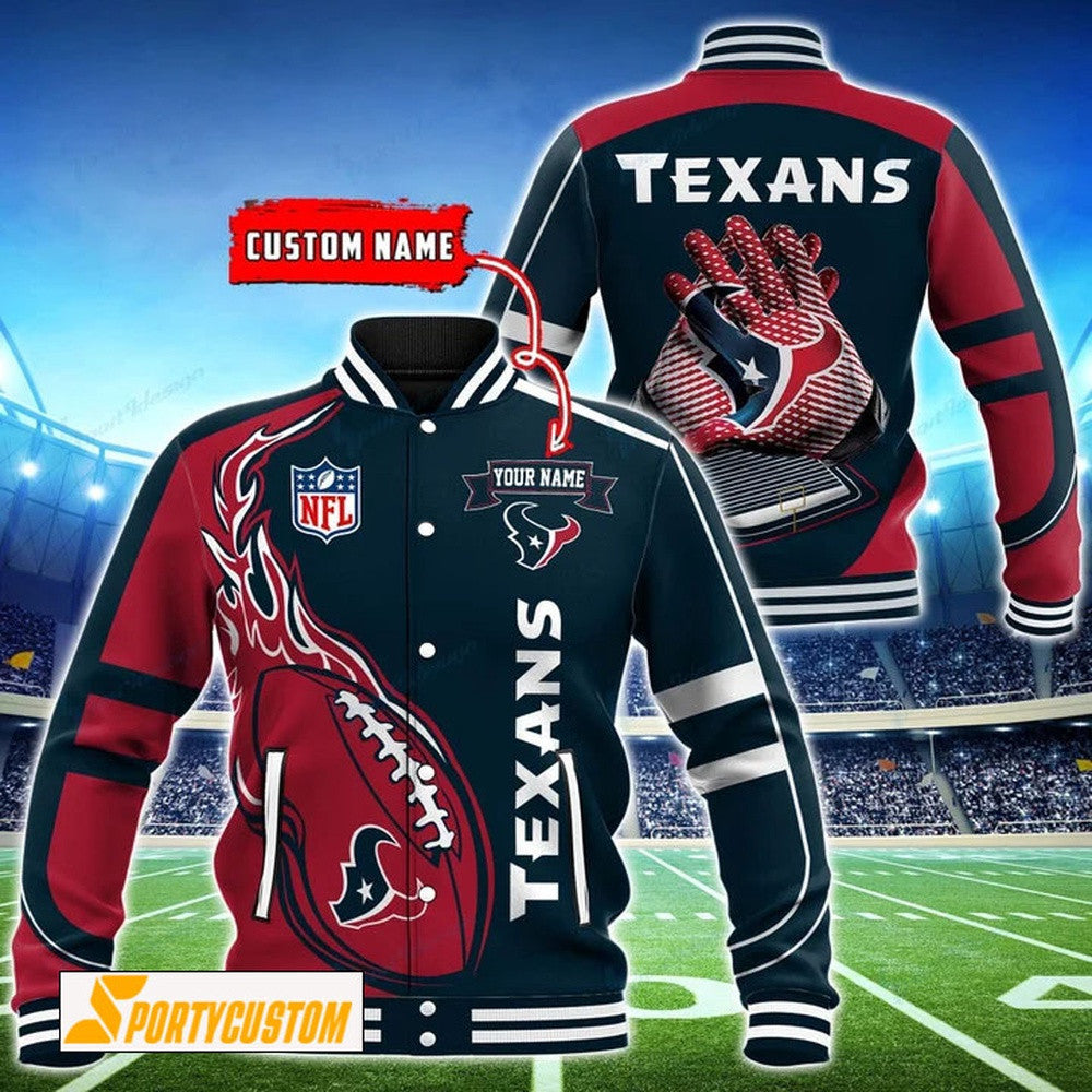 Houston Texans Fireball Custom Name Baseball Jacket Varsity Jacket - Navy - All-Over-Printed Jacket