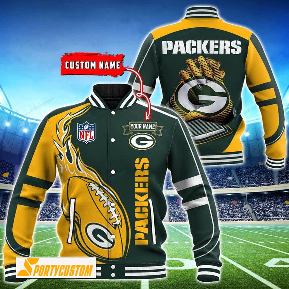 Green Bay Packers Fireball Custom Name Baseball Jacket Varsity Jacket - Green - All-Over-Printed Jacket