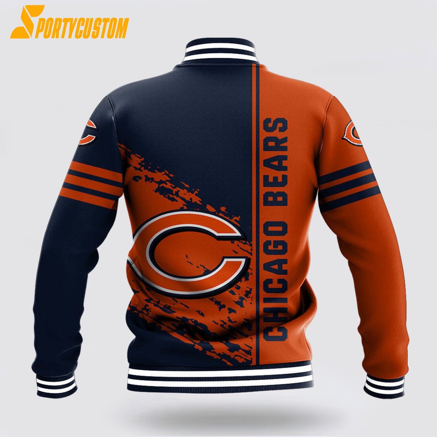 Chicago Bears Logo Baseball Jacket Varsity Jacket - Navy/Orange - All-Over-Printed Jacket