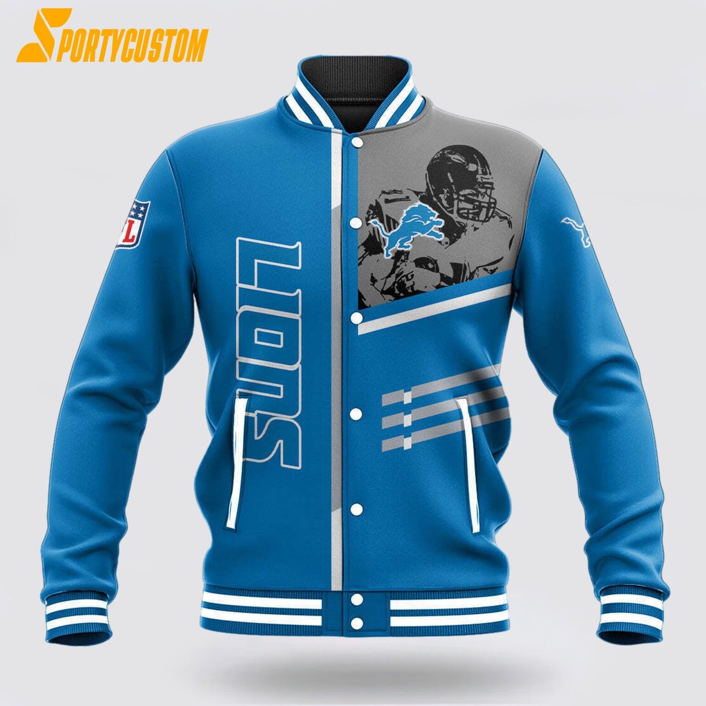 Detroit Lions Player Baseball Jacket Varsity Jacket - Blue - All-Over-Printed Jacket