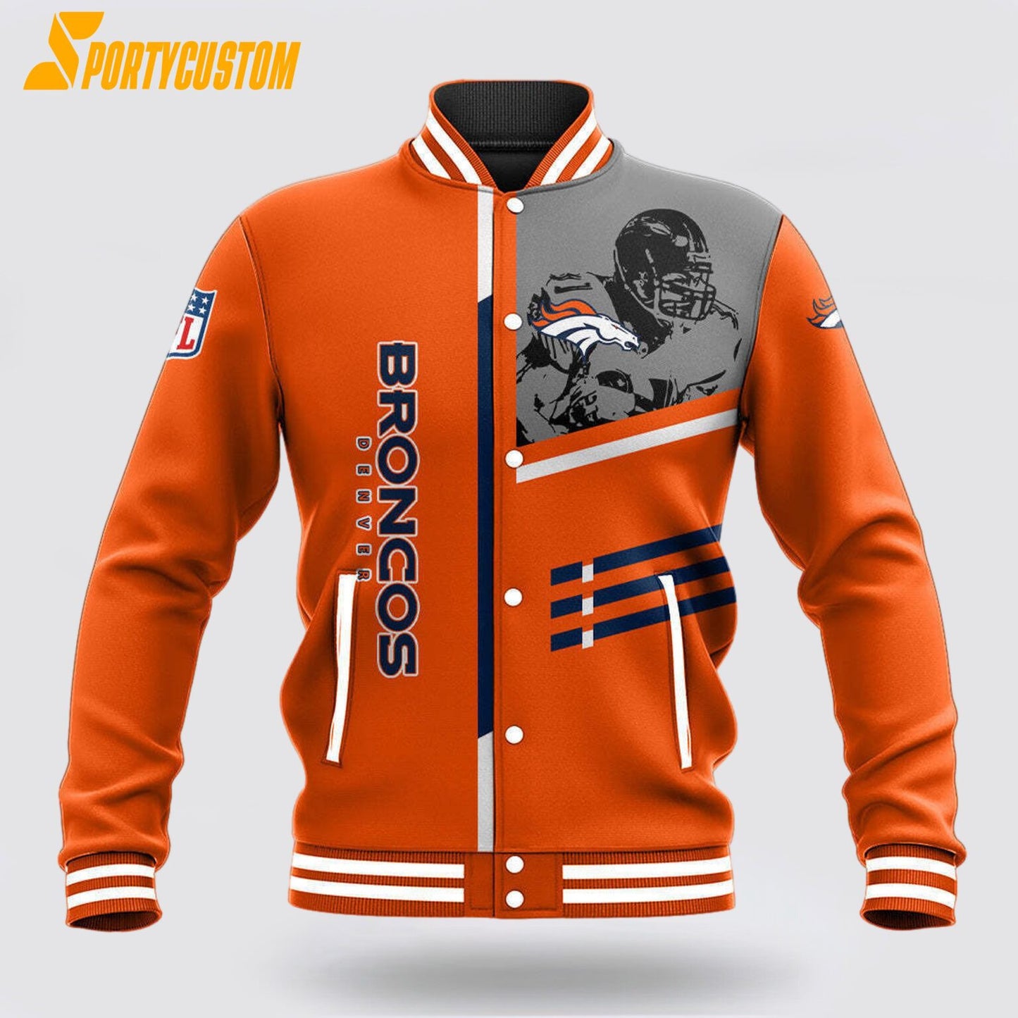 Denver Broncos Player Baseball Jacket Varsity Jacket - Orange - All-Over-Printed Jacket