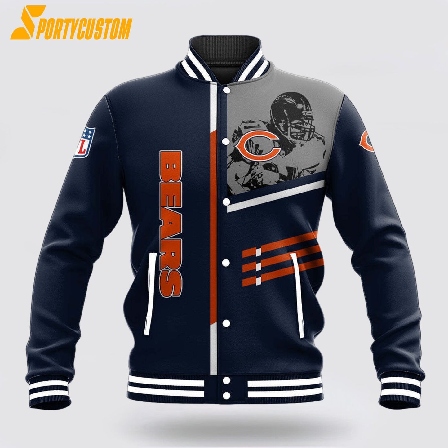 Chicago Bears Player Baseball Jacket Varsity Jacket - Navy - All-Over-Printed Jacket