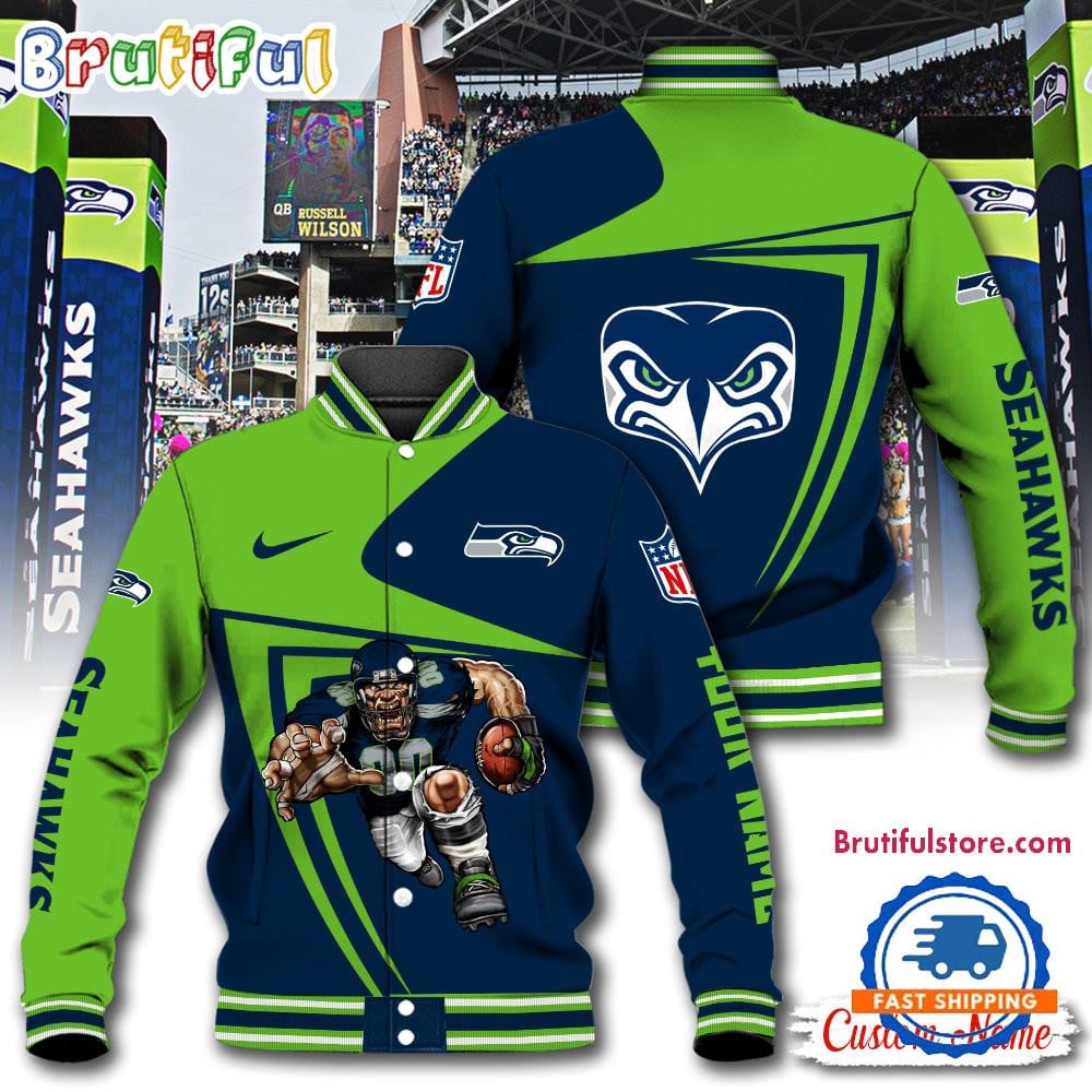 Seattle Seahawks Football Mascot Limited New Design Baseball Jacket Varsity Jacket - Navy - All-Over-Printed Jacket