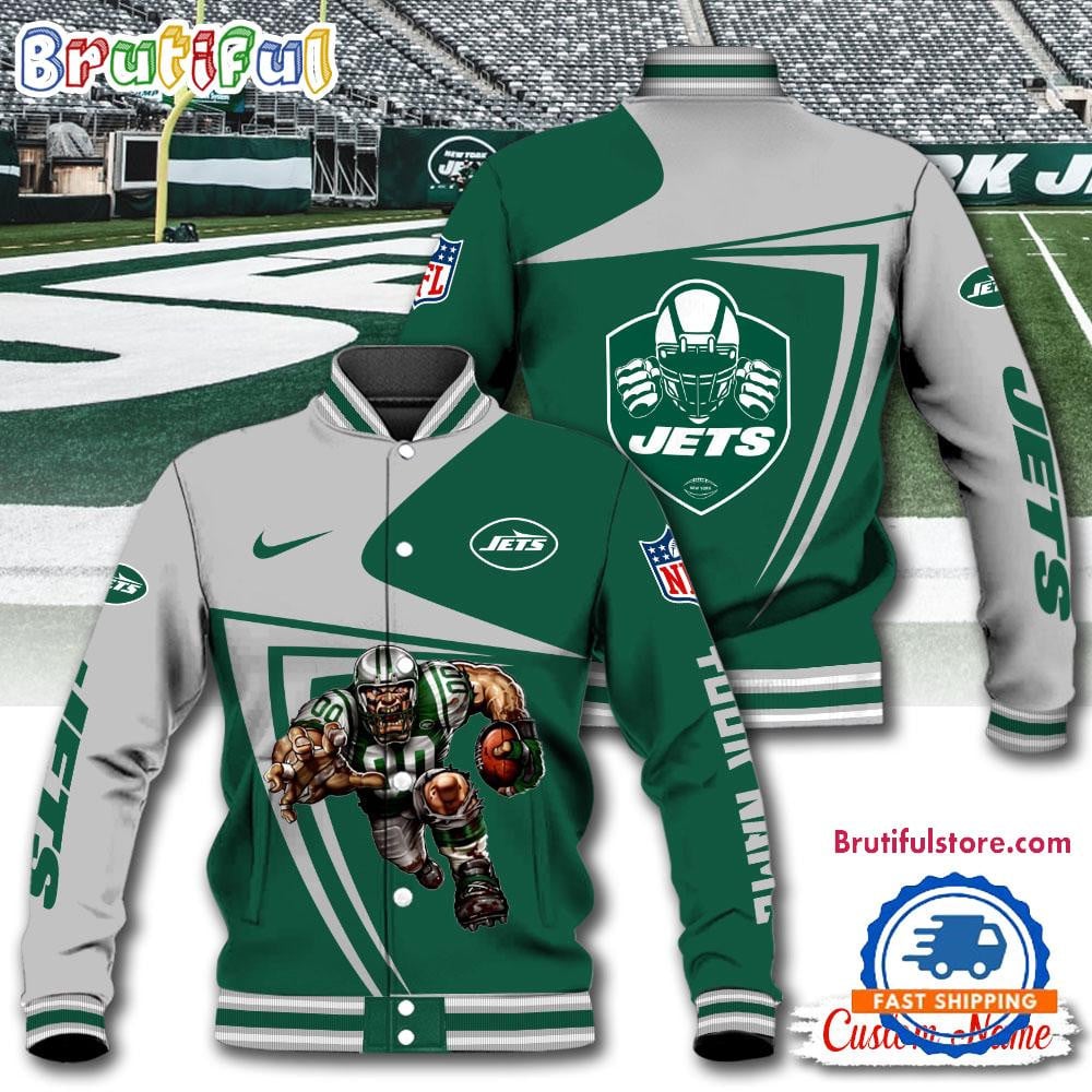 New York Jets Football Mascot Limited New Design Baseball Jacket Varsity Jacket - Green - All-Over-Printed Jacket