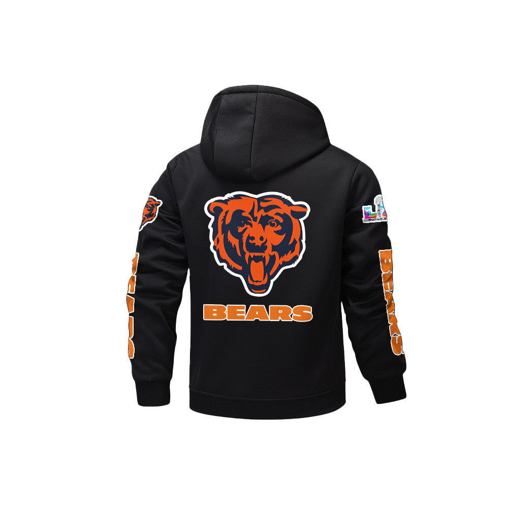 Chicago Bears 2026 Super Bowl LX Black Fleece Zip-Up Jacket – Printed Logos, Personalized Name