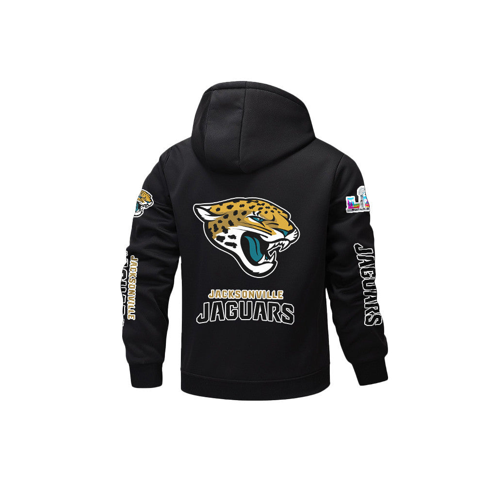 Jacksonville Jaguars 2026 Super Bowl LX Black Fleece Zip-Up Jacket – Printed Logos, Personalized Name