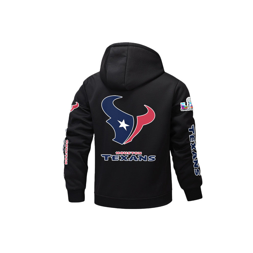 Houston Texans 2026 Super Bowl LX Black Fleece Zip-Up Jacket – Printed Logos, Personalized Name