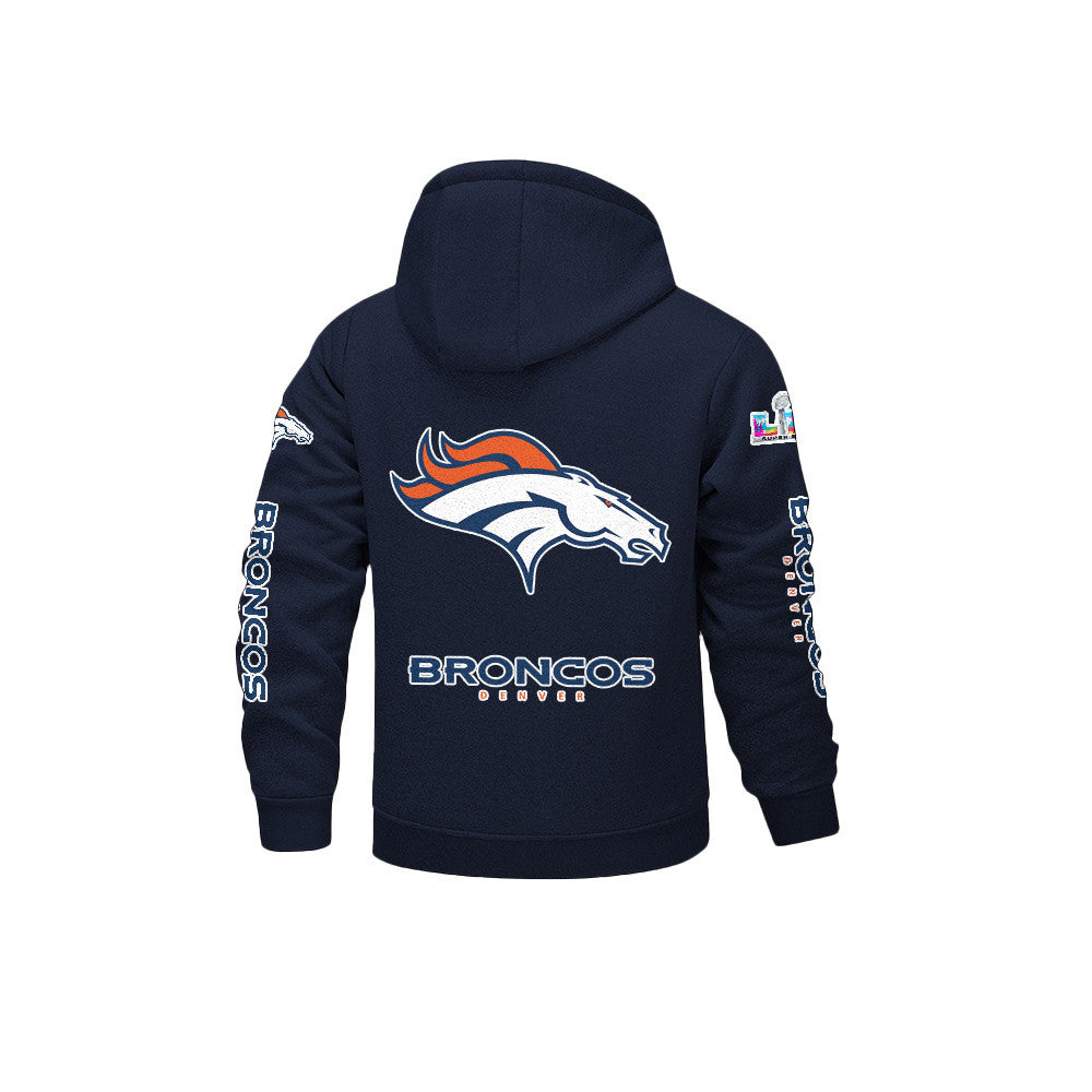 Denver Broncos 2026 Super Bowl LX Navy Fleece Zip-Up Jacket – Printed Logos, Personalized Name