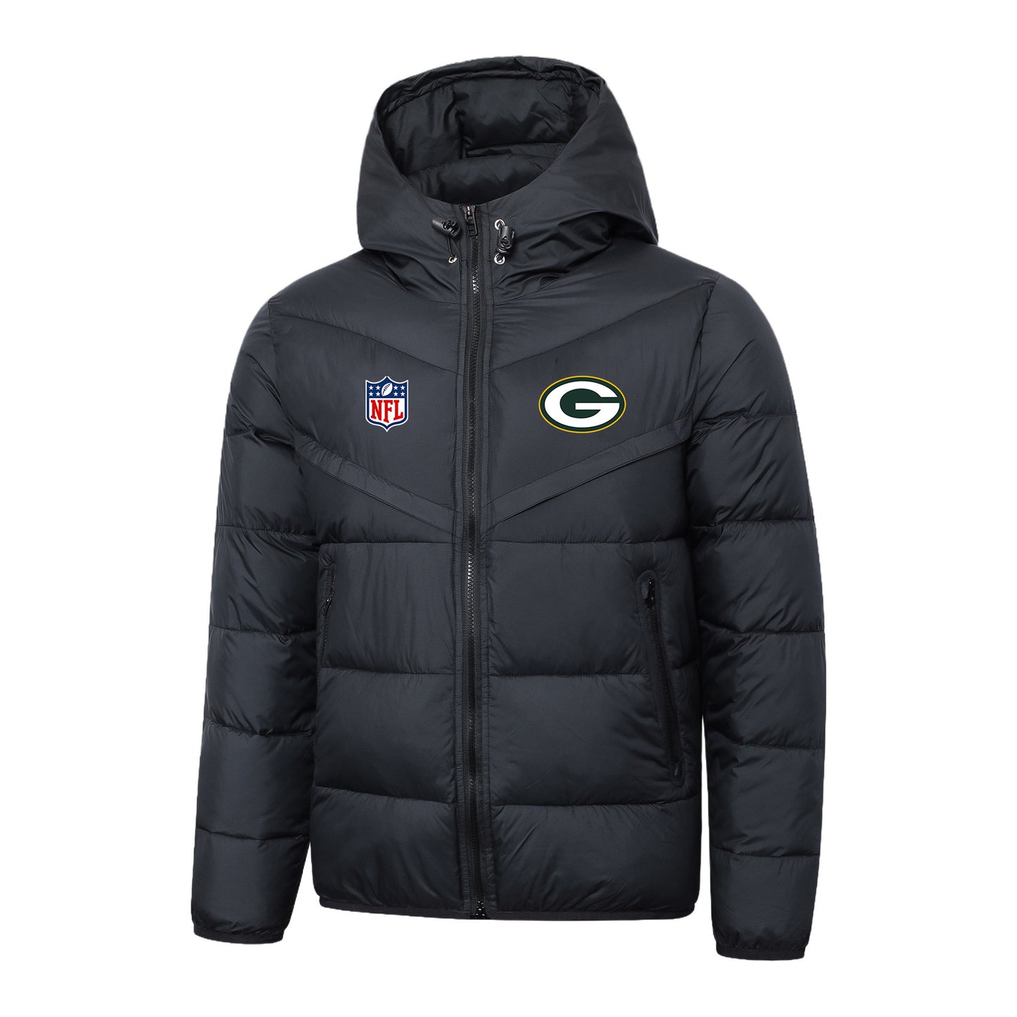 Green Bay Packers Black Quilt Down Jacket - Heat-Printed Logos