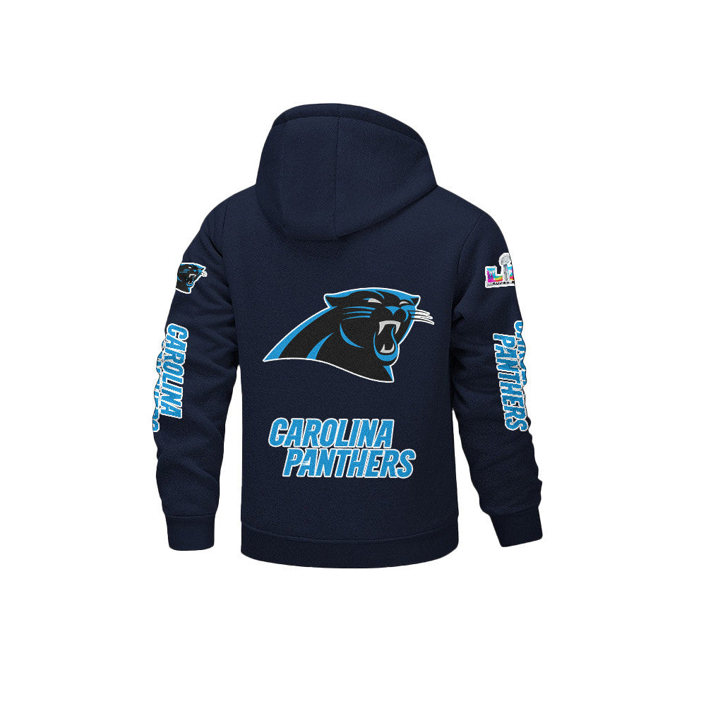 Carolina Panthers 2026 Super Bowl LX Navy Fleece Zip-Up Jacket – Printed Logos, Personalized Name