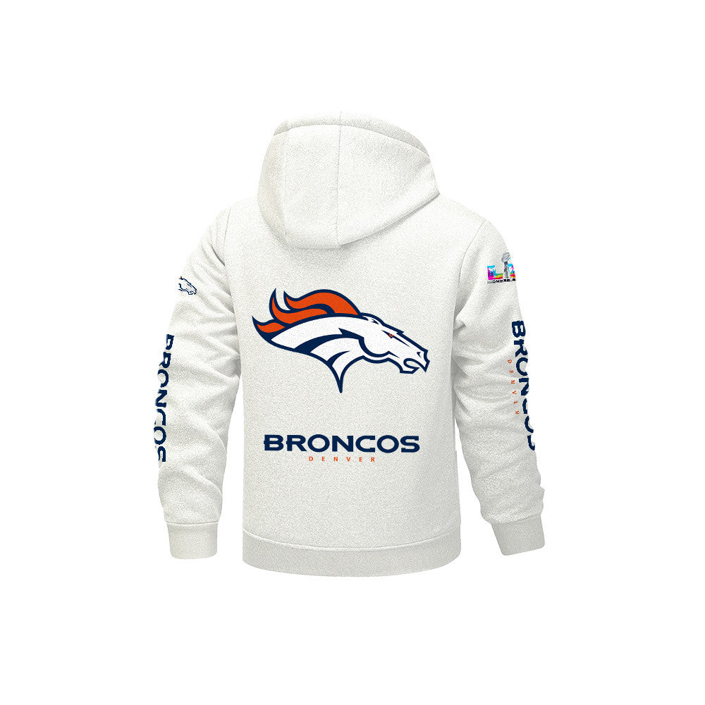 Denver Broncos 2026 Super Bowl LX White Fleece Zip-Up Jacket – Printed Logos, Personalized Name