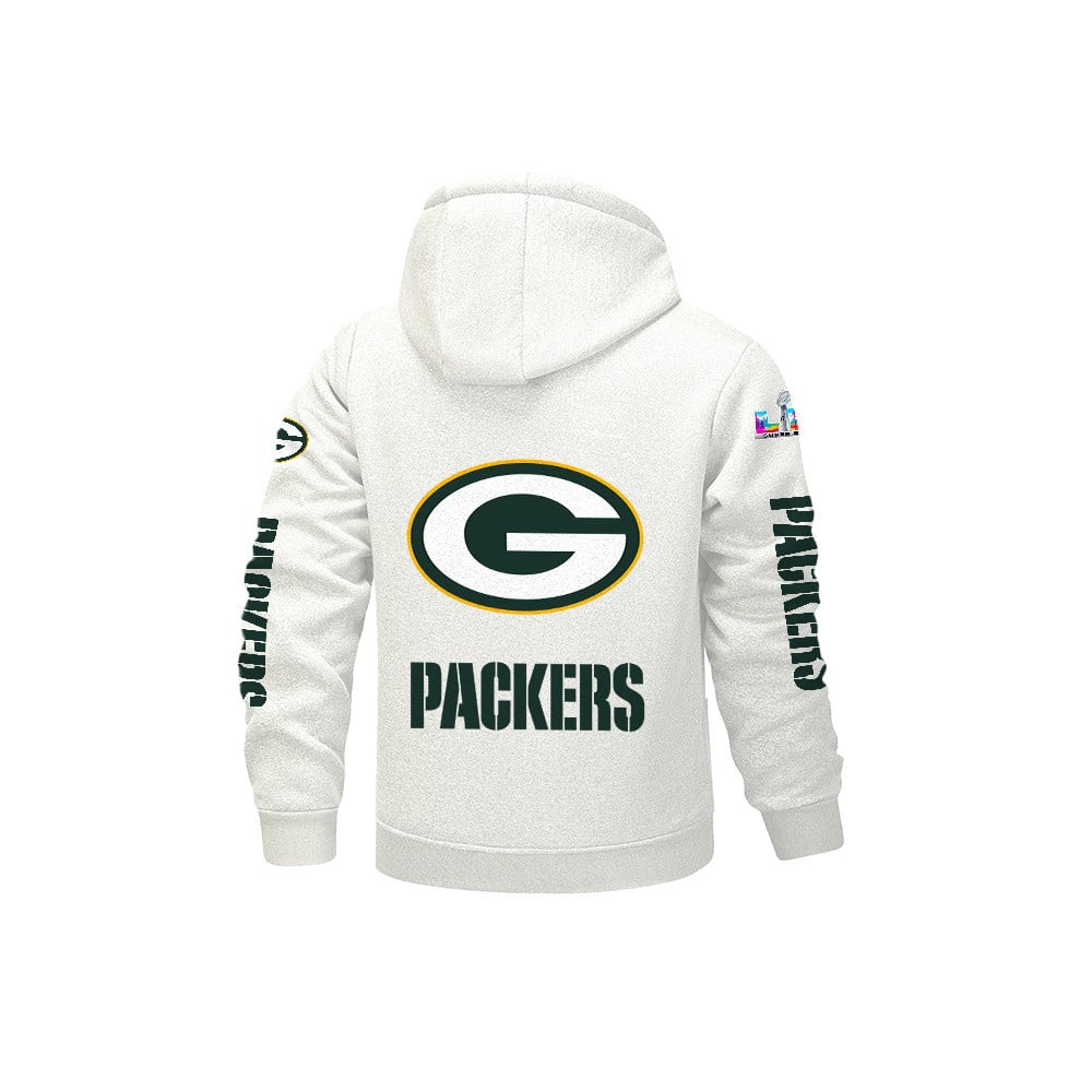 Green Bay Packers 2026 Super Bowl LX White Fleece Zip-Up Jacket – Printed Logos, Personalized Name