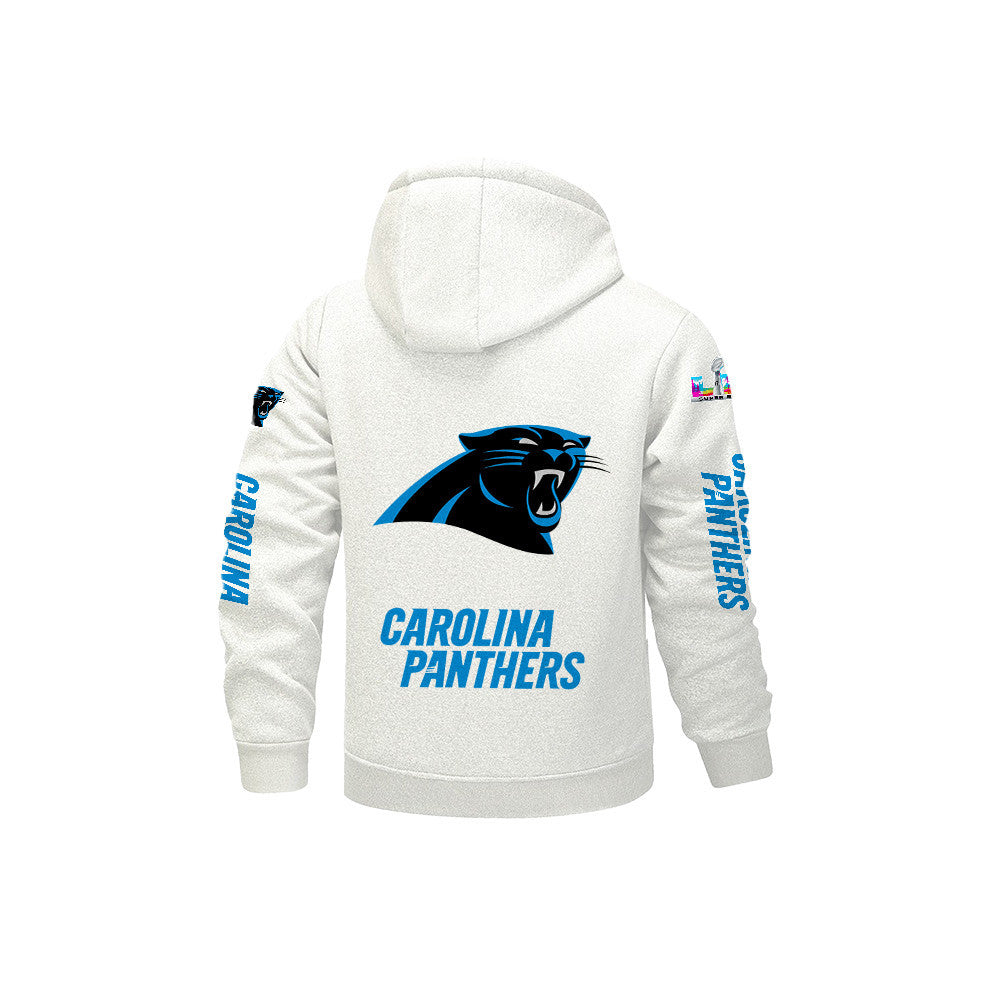 Carolina Panthers 2026 Super Bowl LX White Fleece Zip-Up Jacket – Printed Logos, Personalized Name