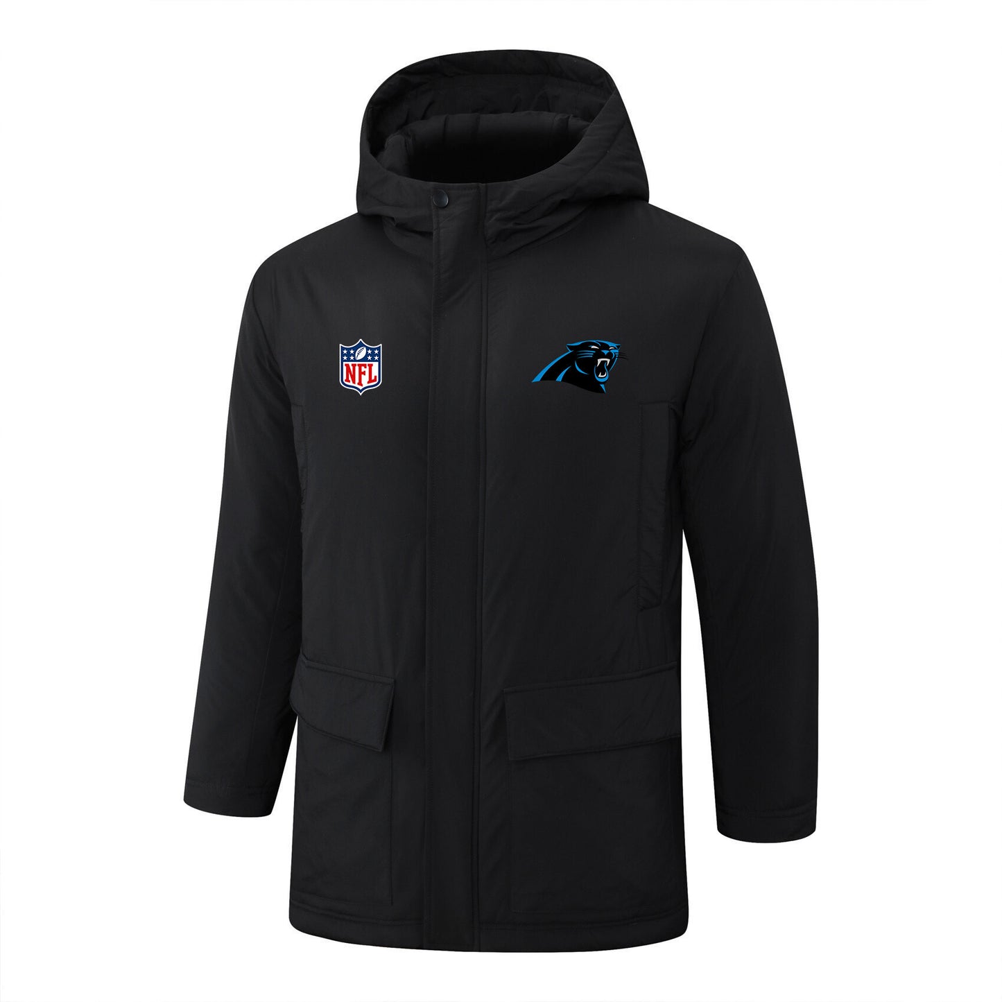 Carolina Panthers Padded Parka Jacket Navy - Heat Printed Logo, Fan Gear