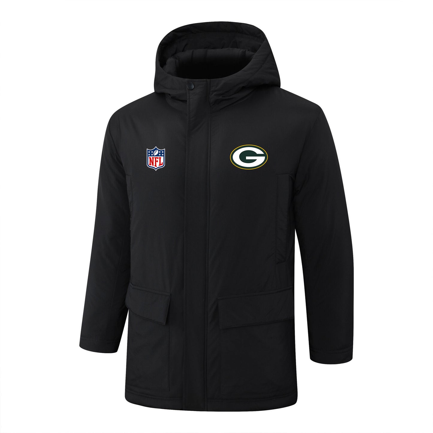 Green Bay Packers Padded Parka Jacket Navy - Heat Printed Logo, Fan Gear