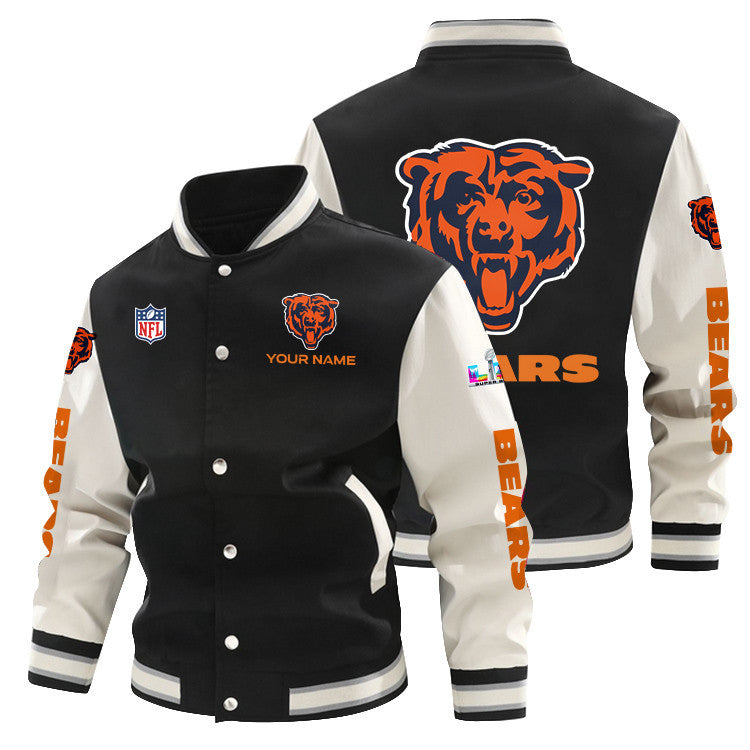 Chicago Bears 2026 Super Bowl LX All-Over Print Baseball Jacket – Black