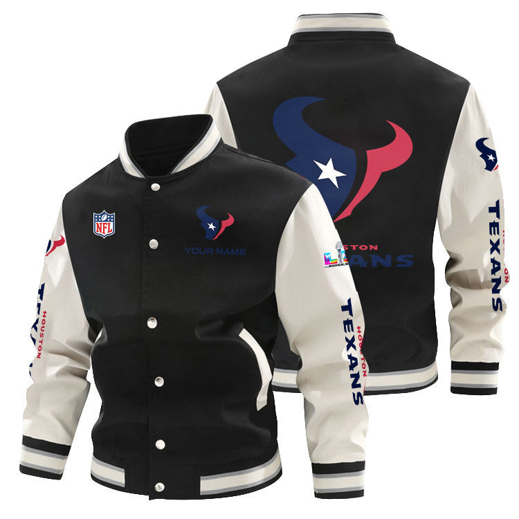 Houston Texans 2026 Super Bowl LX All-Over Print Baseball Jacket – Black