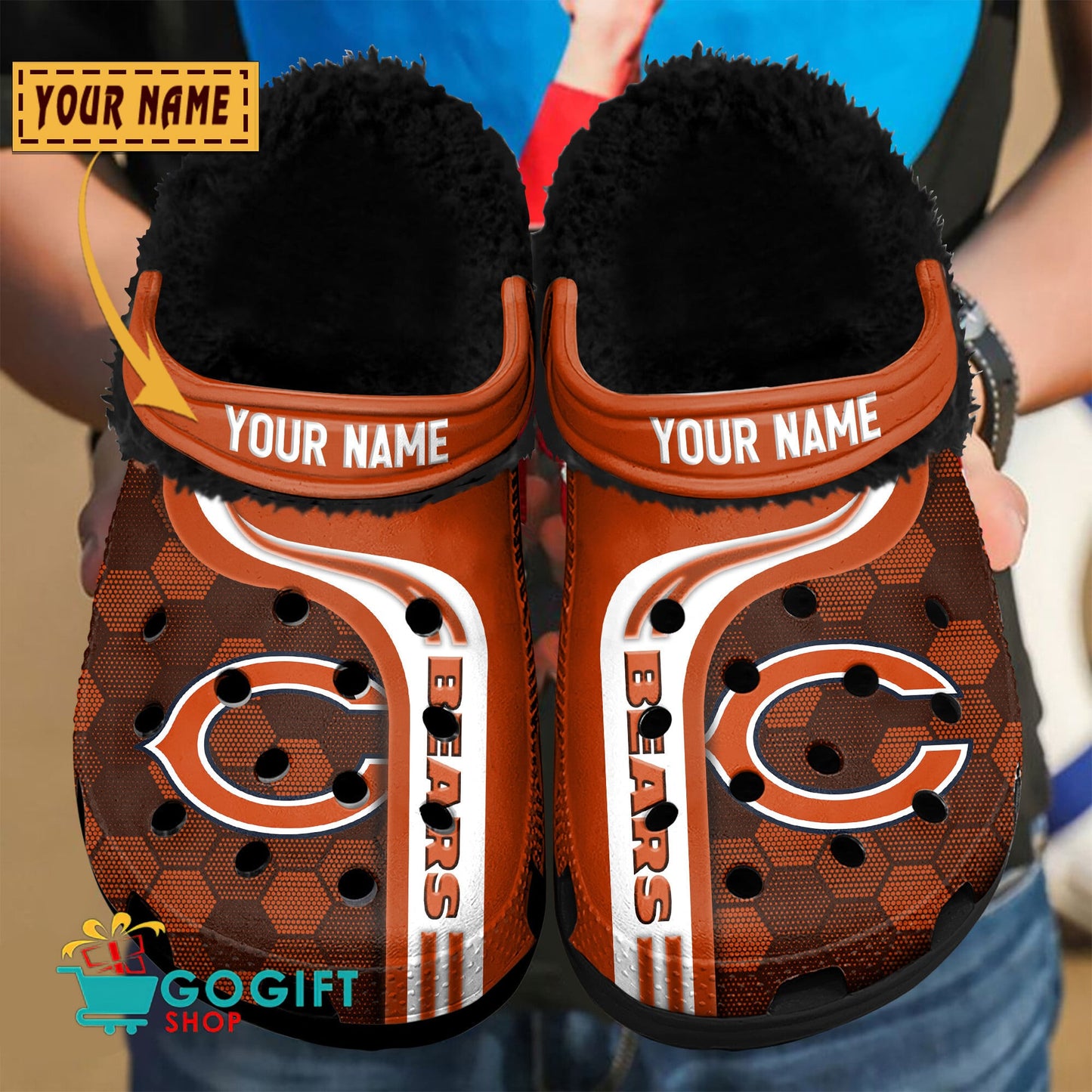 Chicago Bears Honeycomb Pattern Custom Name Fleece Crocs Clogs Shoes