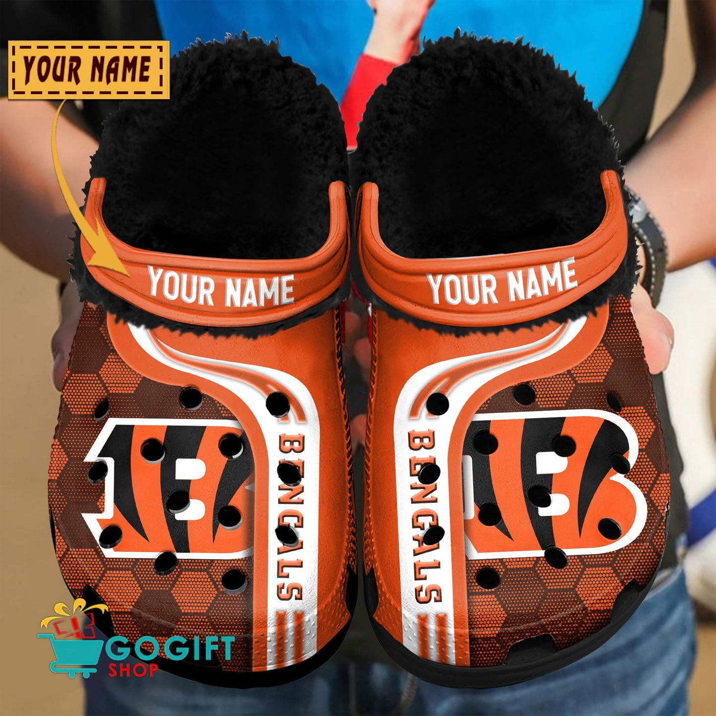 Cincinnati Bengals Honeycomb Pattern Custom Name Fleece Crocs Clogs Shoes