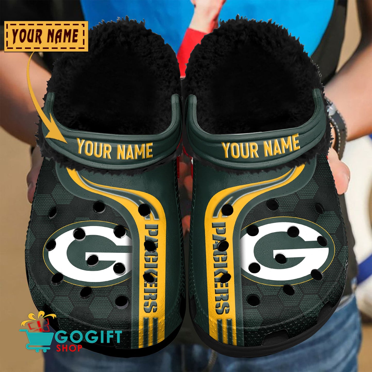 Green Bay Packers Honeycomb Pattern Custom Name Fleece Crocs Clogs Shoes