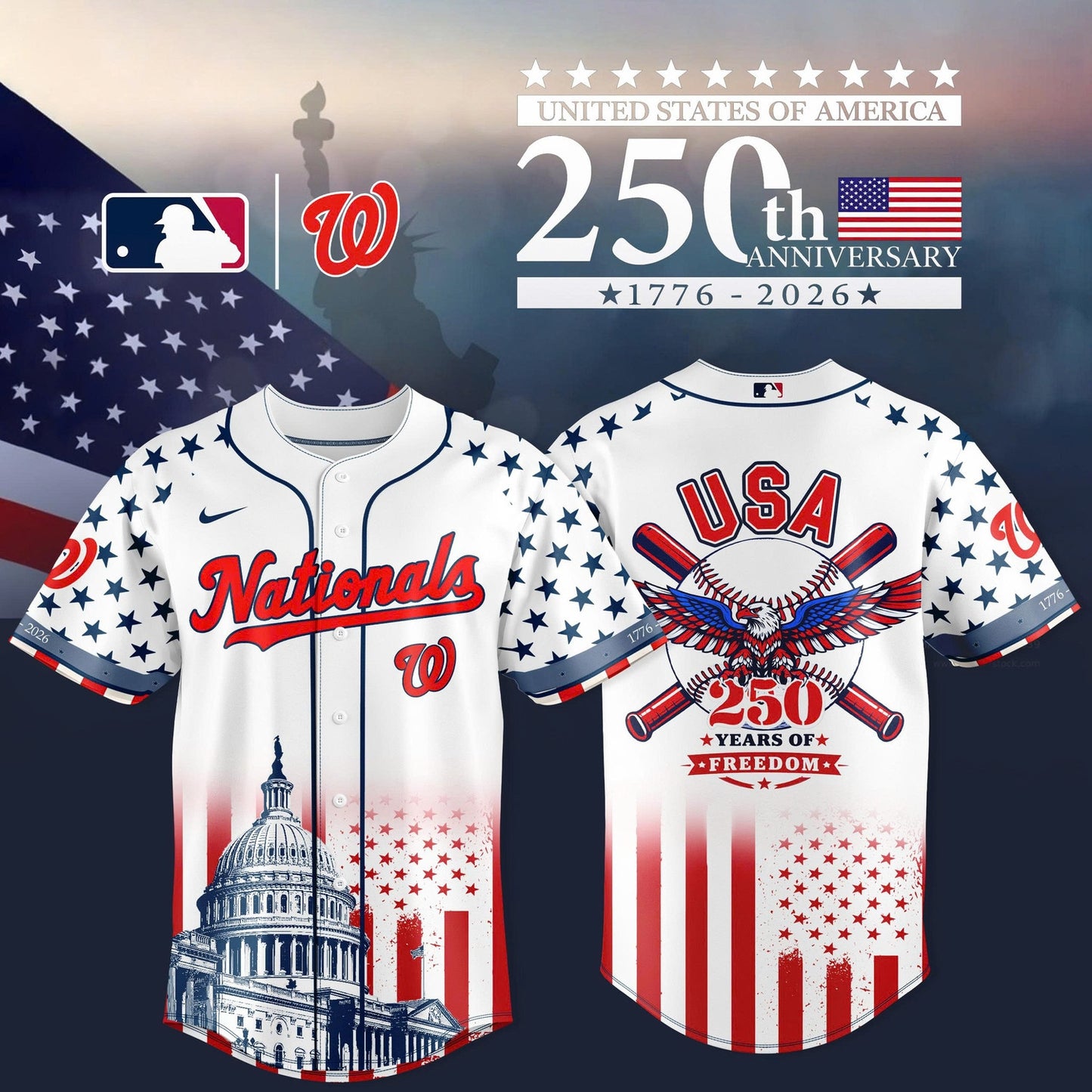Washington Nationals 250th Anniversary of the United States Limited Shirt 3D Baseball Jersey - White