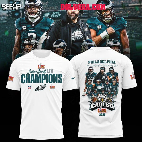 Philadelphia Eagles 2025 Take Over Super Bowl LIX Champions Phills Style All Over Printed T-Shirt - White