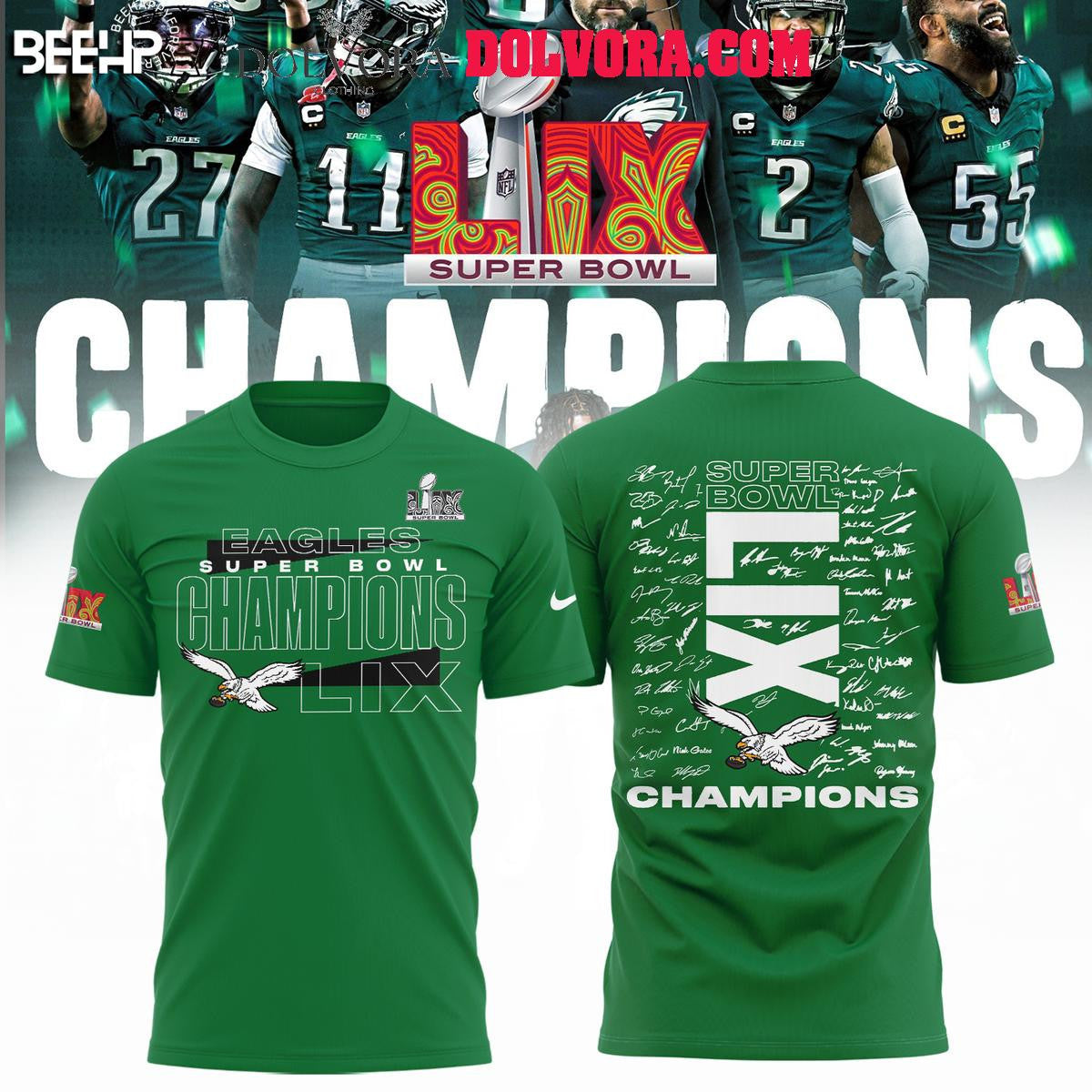 Philadelphia Eagles Super Bowl LIX Champions 2025 Eagles Team All Over Printed T-Shirt - Kelly Green