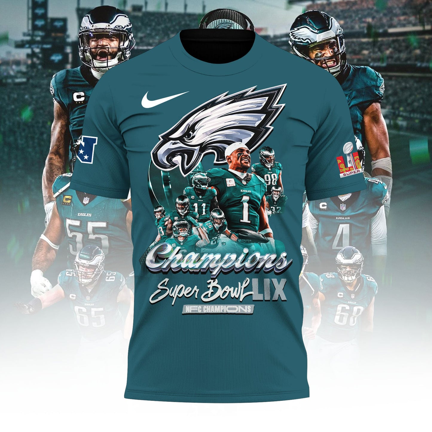 New Philadelphia Eagles Super Bowl 2025 LIX Champions All Over Printed T-Shirt - Midnight Green
