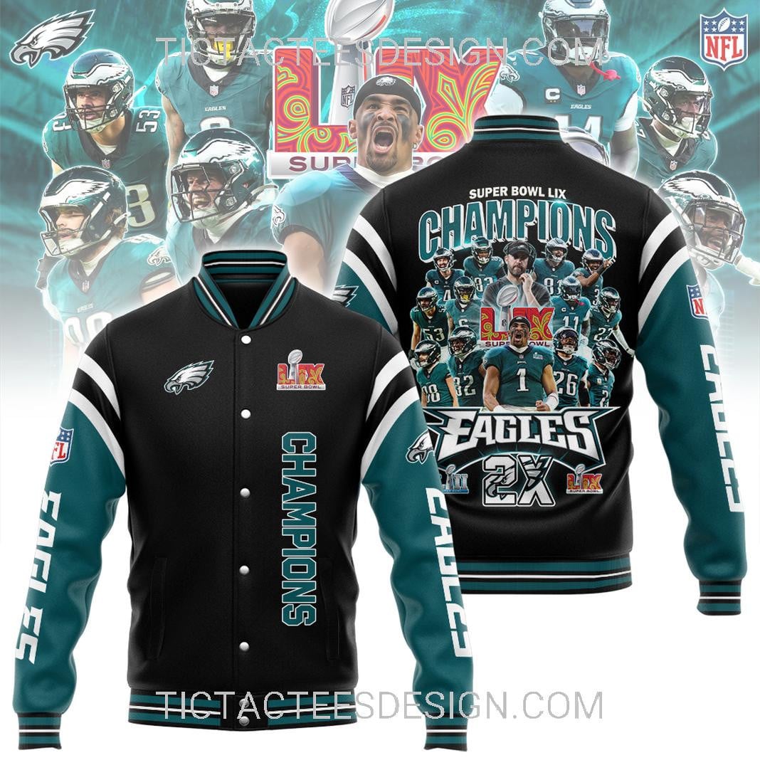 2X Super Bowl LIX Champions Philadelphia Eagles Baseball Jacket Varsity Jacket - Midnight Green/Black - All-Over-Printed Jacket