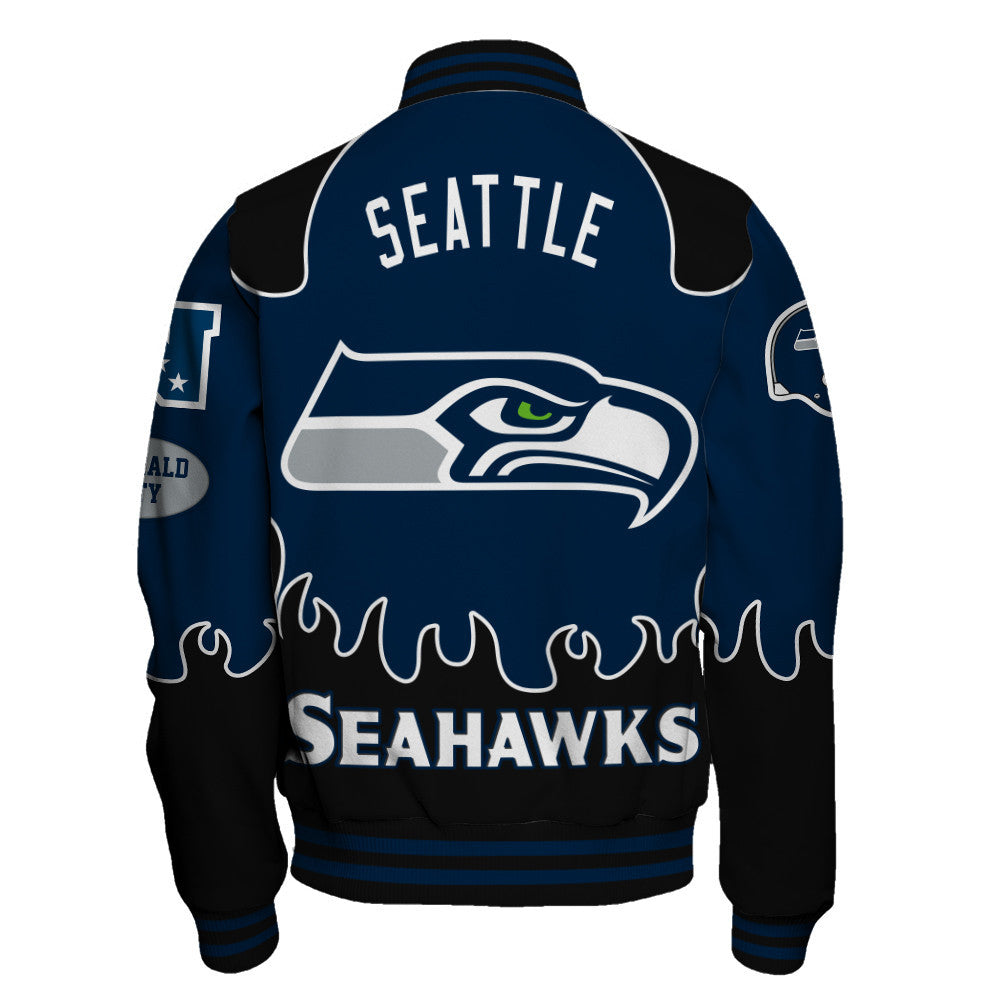 Seattle Seahawks Striking Flame Pattern and Large Prominent Logo Varsity Jacket