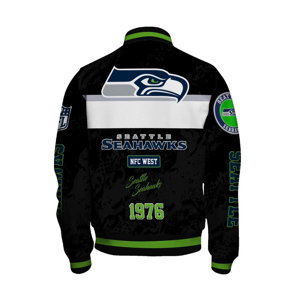 Seattle Seahawks Unique Badge/Patchwork and Horizontal Stripe Detailing Varsity Jacket