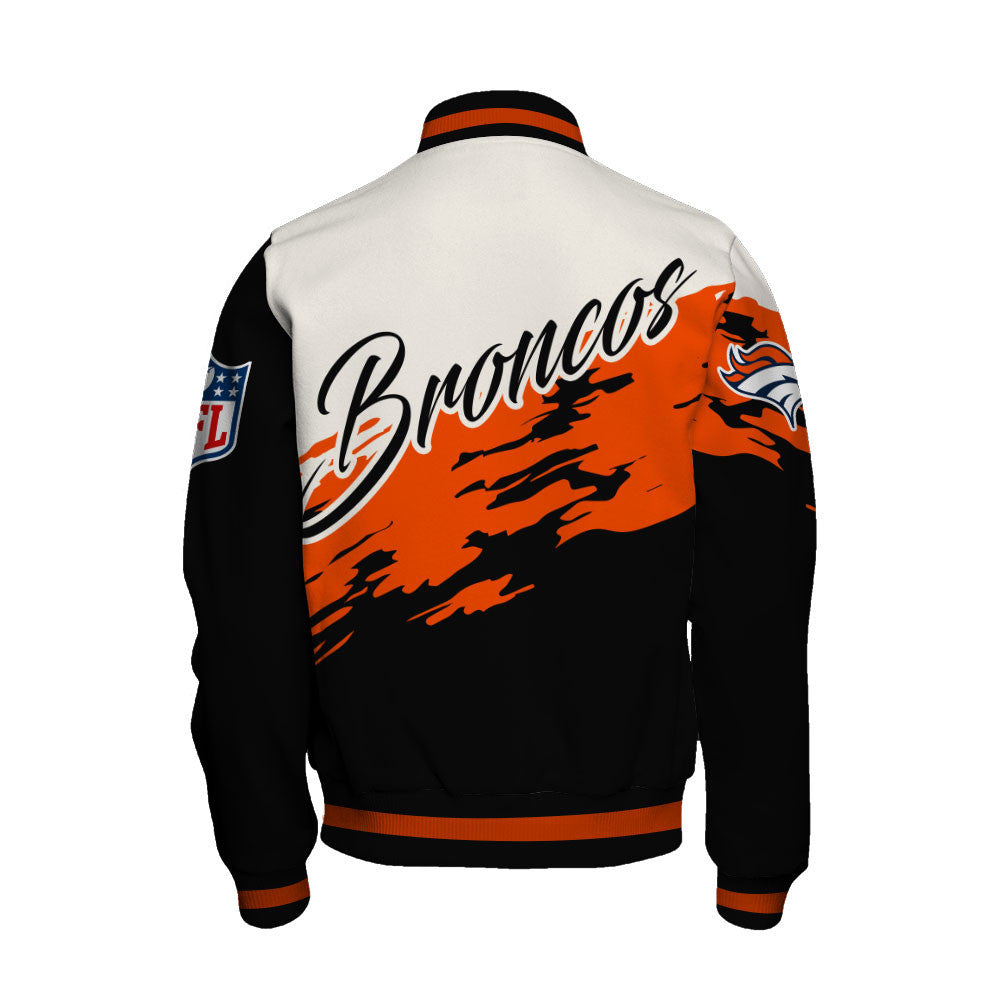 Denver Broncos Dynamic Color-Blocking Design and Signature Lettering Varsity Jacket